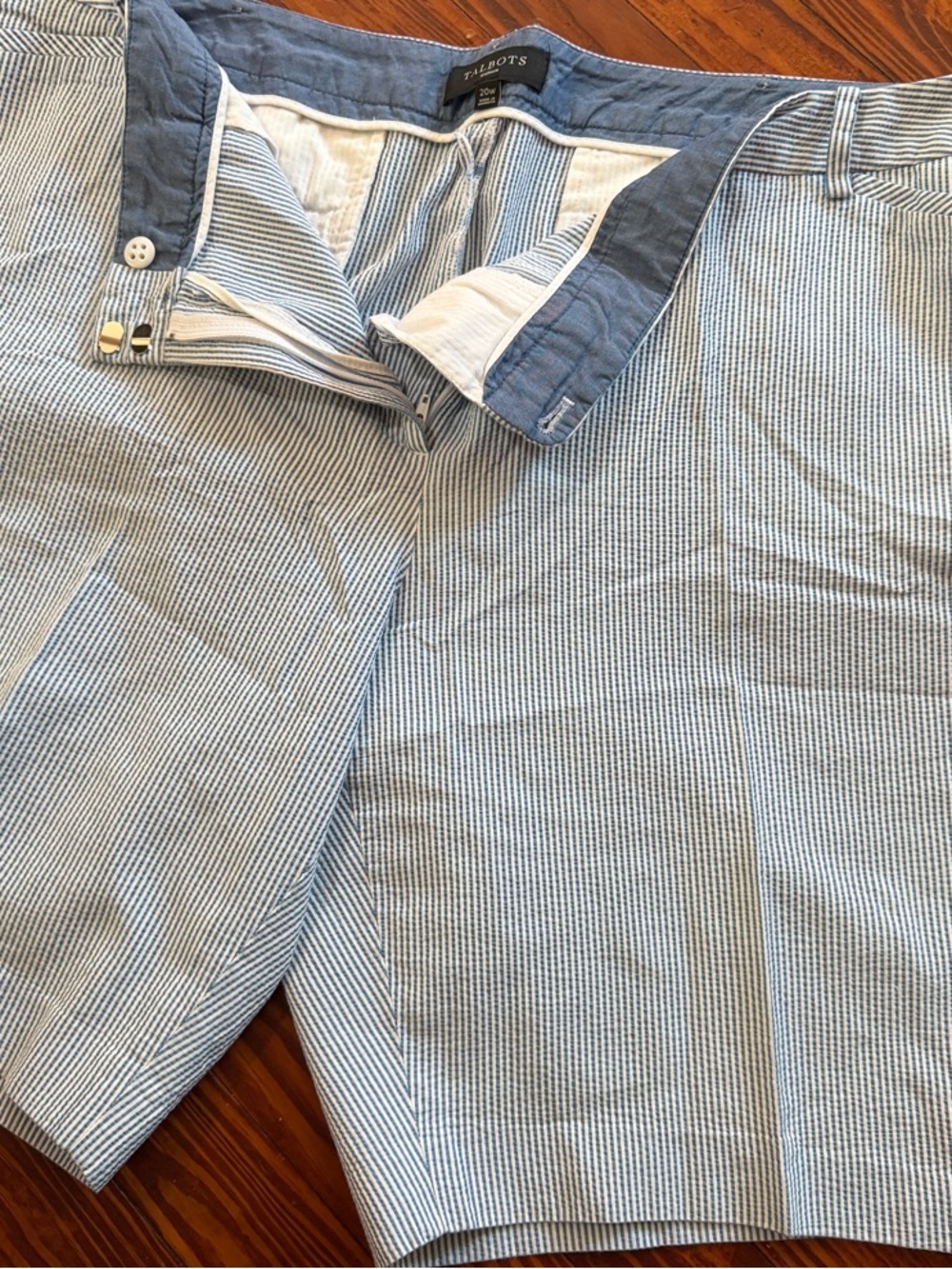 Talbots Blue and White Seersucker Flat-Front Shorts